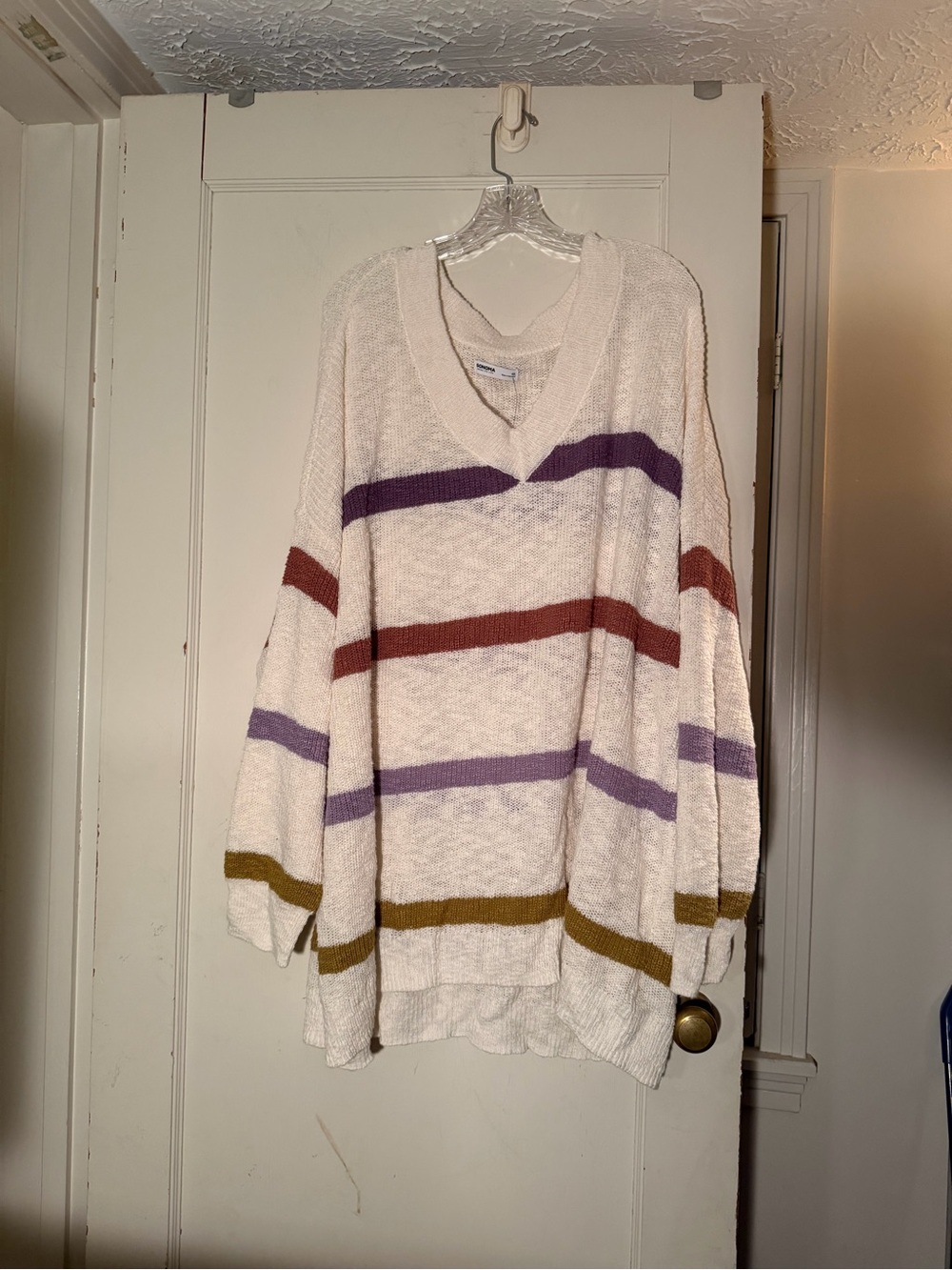 Sonoma Cream V-Neck Sweater with Purple, Rust, Lavender & Olive Stripes